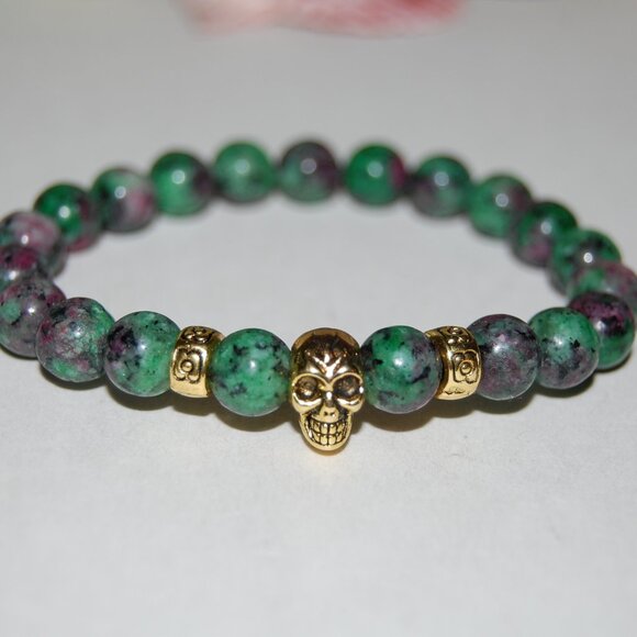 Ruby Zoisite Bracelet,Skull Bracelet,Ruby Golden Skull Bracelet - Picture 3 of 3
